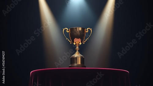 Shining gold trophy cup on a velvet podium, spotlighted dramatically against a dark background.The glory of the coaching team belongs
