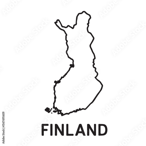 A clean vector illustration of Finland’s map, black and white with sharp black outlines, perfect for modern design and educational resources.

