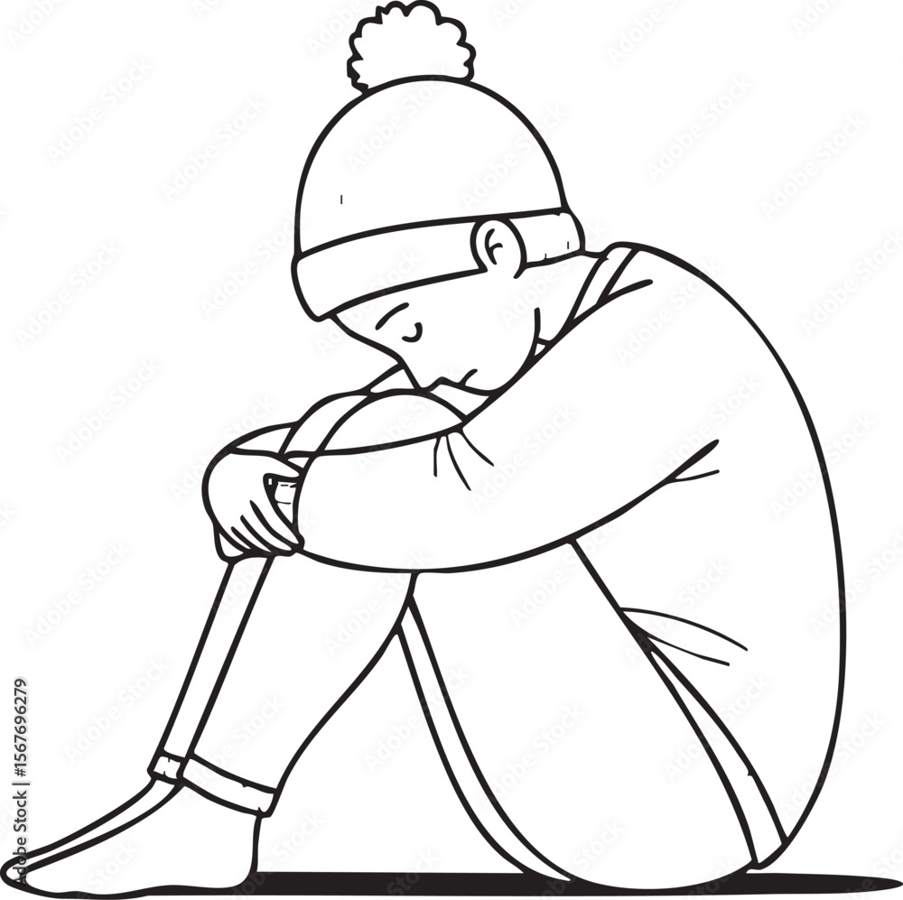 Obraz premium A poignant black and white line art illustration depicting a person wearing a cozy pom-pom beanie and warm clothing, sitting with their knees drawn up to their chest and head bowed