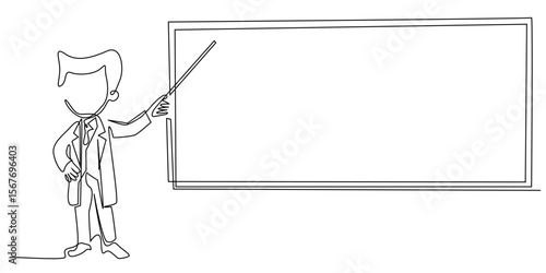 one continuous line drawing of professor pointing at blank board.single line sign of science,education.line art eps 10