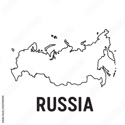 Clean black and white vector design of Russia’s map, minimalist in style with accurate black outlines defining the national borders clearly.