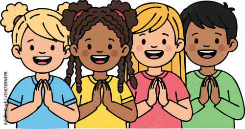 A vibrant and heartwarming vector illustration featuring four diverse children with big smiles and hands pressed together in a Namaste gesture