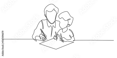 one continuous line drawing of father accompanying child studying.single line homework.education concept.line art eps 10