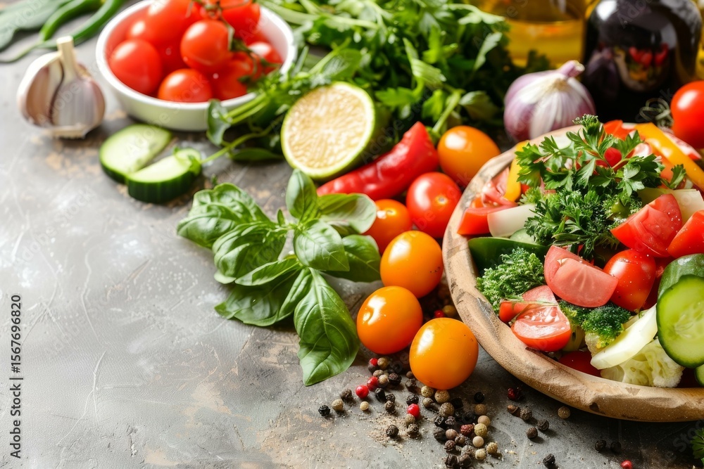 Fresh vegetables and spices arranged on a kitchen table, promoting a healthy lifestyle Fresh vegetables and spices arranged on a kitchen table, promoting a healthy lifestyle