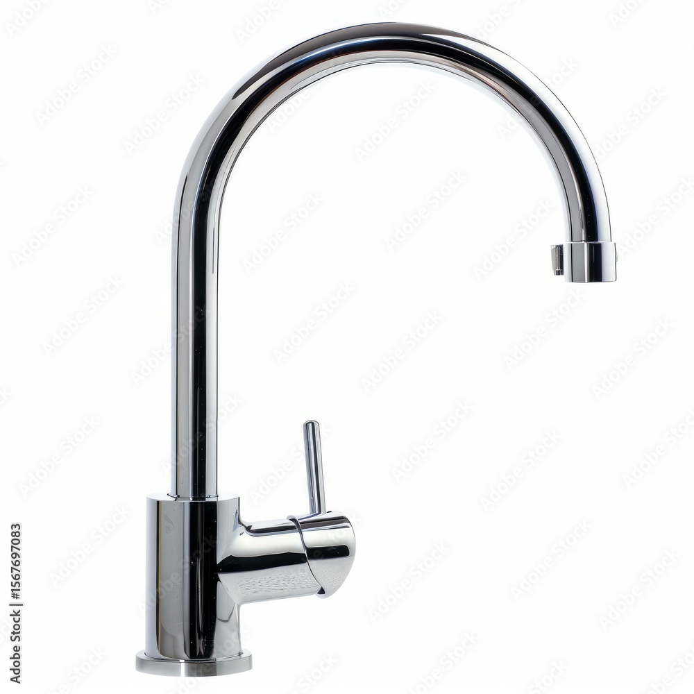 Shiny chrome faucet with a curved spout and single lever handle, isolated on a white background Shiny chrome faucet with a curved spout and single lever handle, isolated on a white background