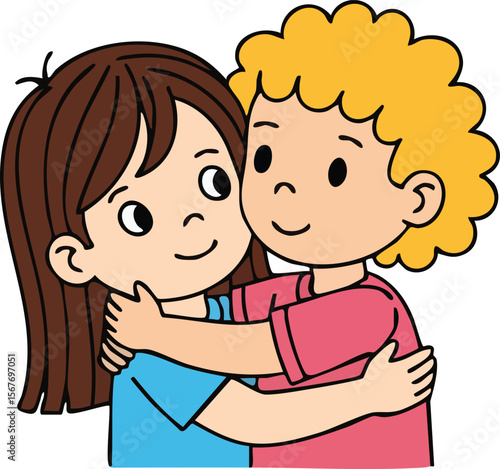 A charming and colorful vector illustration featuring two children with different hair colors in a warm embrace