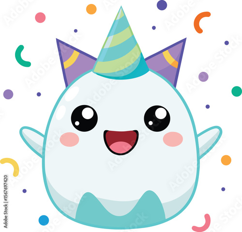 Ghost With A Party Hat And Confetti Celebrating