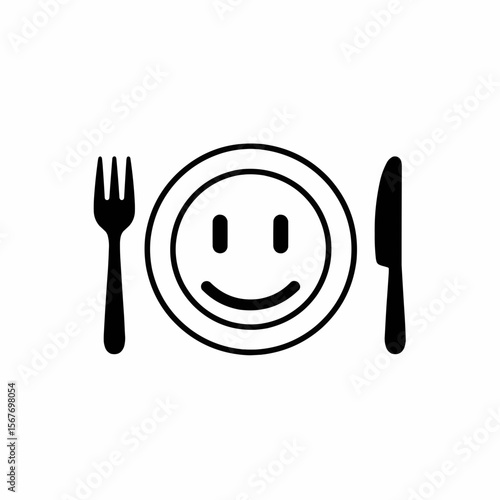 Happy Mealtime Simple Icon of Plate, Fork, Knife, and Smiley Face