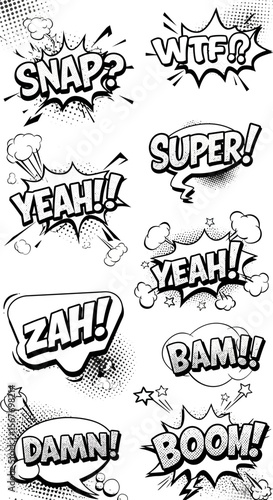 Comic book speech bubbles convey action words in black and white for dynamic graphic designs