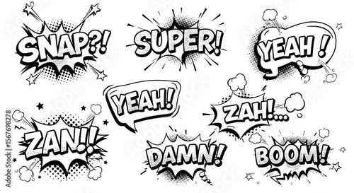 Comic book speech bubbles convey action words in black and white for dynamic graphic designs
