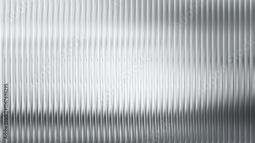 Corrugated metal texture with ribbed glass and steel sheet pattern. Abstract silver and white 3D window with fluted panel stripes. Premium wall ripple with light and frosted polycarbonate design.