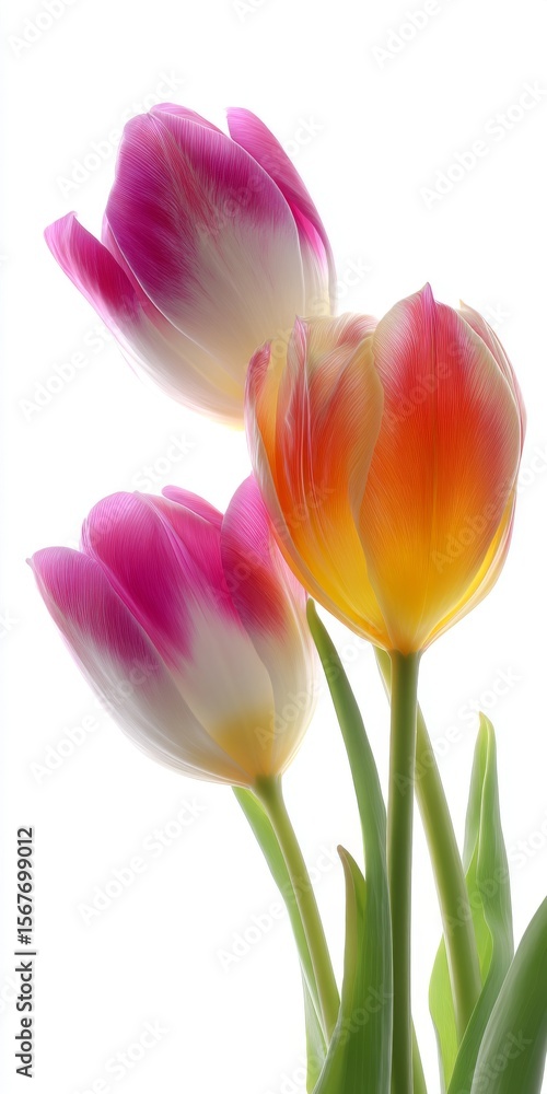 Fototapeta premium Beautiful tulips in soft colors feature delicate pink and orange hues. This floral image gives a fresh and vibrant feel. Perfect for spring themes or wall art. AI