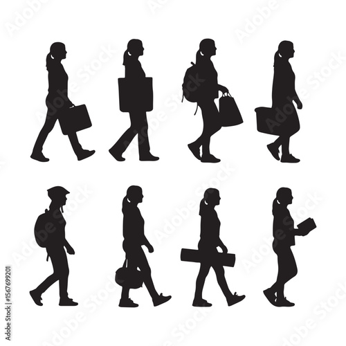 Eight Black Silhouettes of Women Walking Carrying Various Items Bags Backpacks Yoga Mat Briefcase