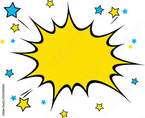 Vivid yellow burst graphic with blue and yellow stars surrounding a blank space for custom message