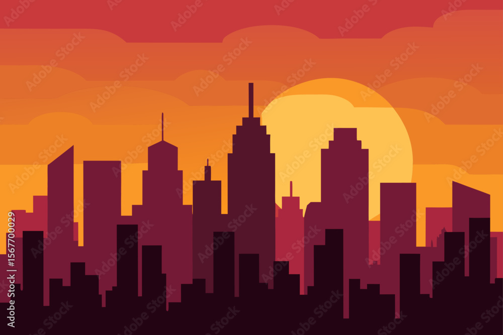 Fototapeta premium 2D Illustration City Skyline At Sunset Scene Background