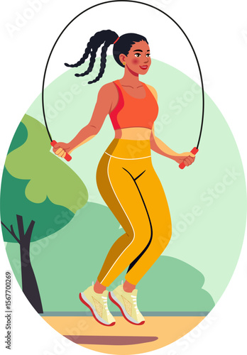 Hispanic Woman Jumping Rope in the Park, Fitness and Cardio Exercise Concept