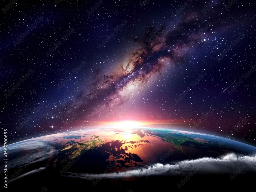 Majestic Cosmic View of Earth with a Vibrant Galactic Background Majestic Cosmic View of Earth with a Vibrant Galactic Background