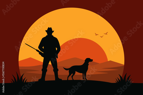 Hunter With Dog At Sunset