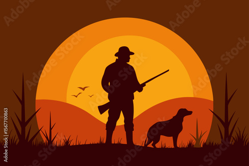 Hunter With Dog At Sunset