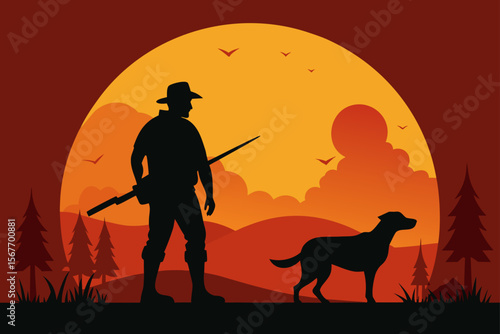 Hunter With Dog At Sunset