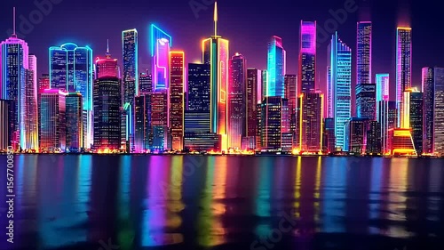 Wallpaper Mural Vibrant city skyline at night with neon lights reflecting on water, showcasing urban life and energy Torontodigital.ca