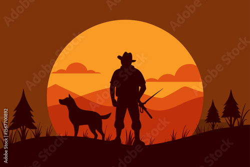 Hunter With Dog At Sunset