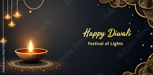 A single lit diya on a dark background with hanging diyas and gold accents Diwali