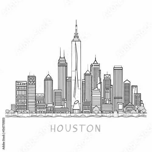 Houston skyline sketch showcases city buildings in an artistic black and white design for posters or creative background use.