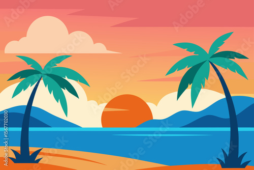 Tropical Beach Sunset With Palm Trees And A Flat Silhouette