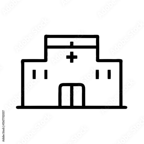 Vector illustration of a hospital building icon with medical cross symbol, outline style - healthcare, medical facilities, and health services concept 