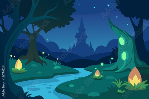 Watercolor Enchanted Glade Glowing At Night