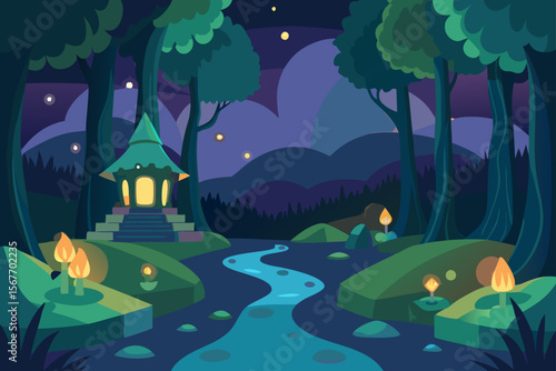 Watercolor Enchanted Glade Glowing At Night
