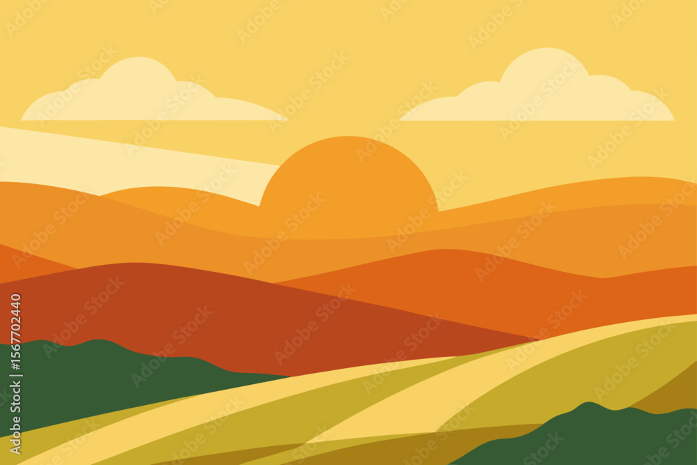 Obraz premium Watercolor Sunset Over Rolling Hills And Golden Fields