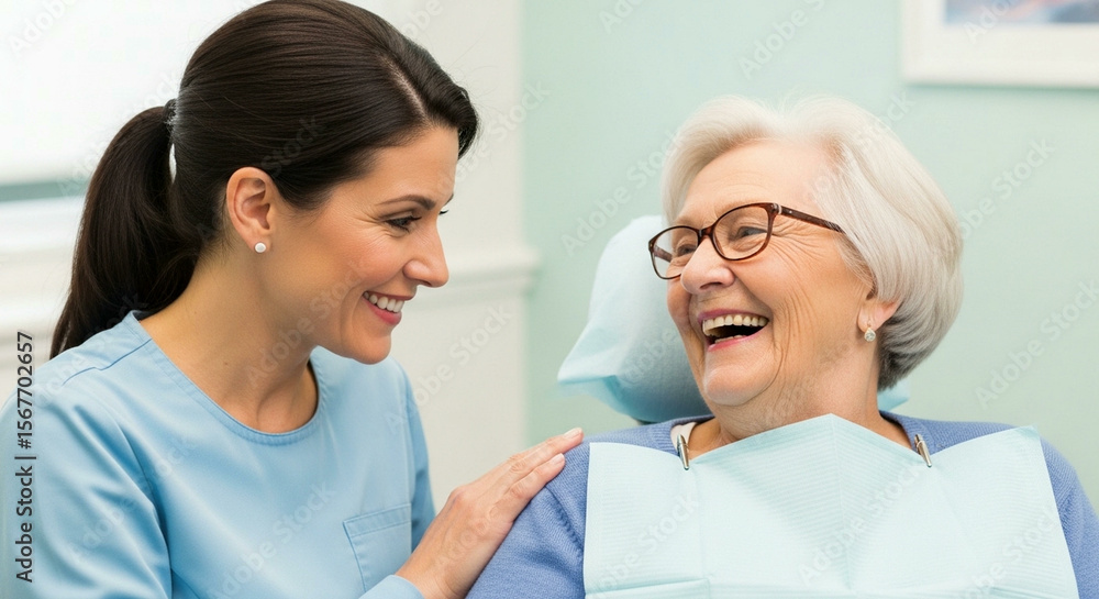 Fototapeta premium A female dentist consulting with a senior woman, discussing her dental health and treatment plan