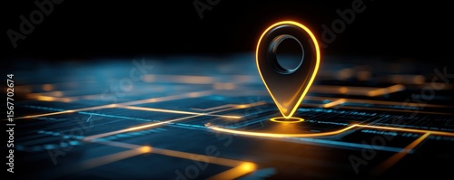 Wallpaper Mural A glowing digital map pin marker highlights a location on a futuristic, illuminated grid map interface. Torontodigital.ca