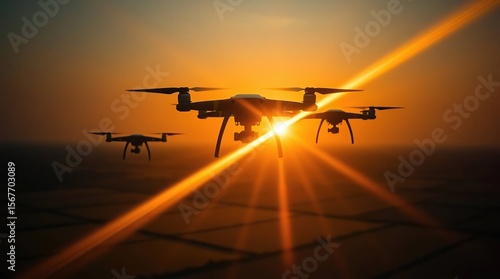 Drones fly over farmland at sunset