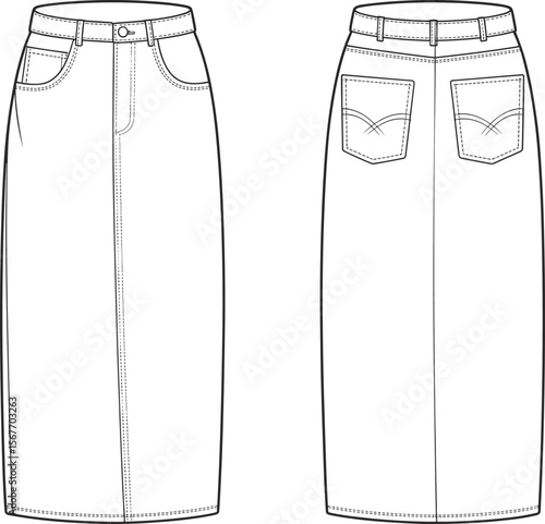 Fashion CAD drawing, denim skirt template, front and back view, vector illustration, apparel design, stitching details, sewing pattern, flat fashion sketch