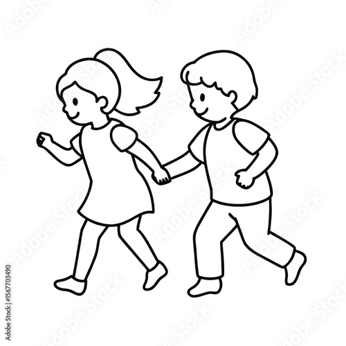 Continuous Single Line Drawing Of A Toddler Girl And Boy Playing Together For Childhood Illustration