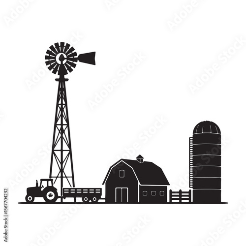 Farm scene with windmill barn and tractor rural agriculture