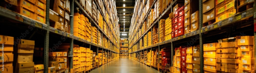 Fototapeta premium A vast warehouse aisle lined with tall shelves filled with organized boxes, illuminated by overhead industrial lighting.