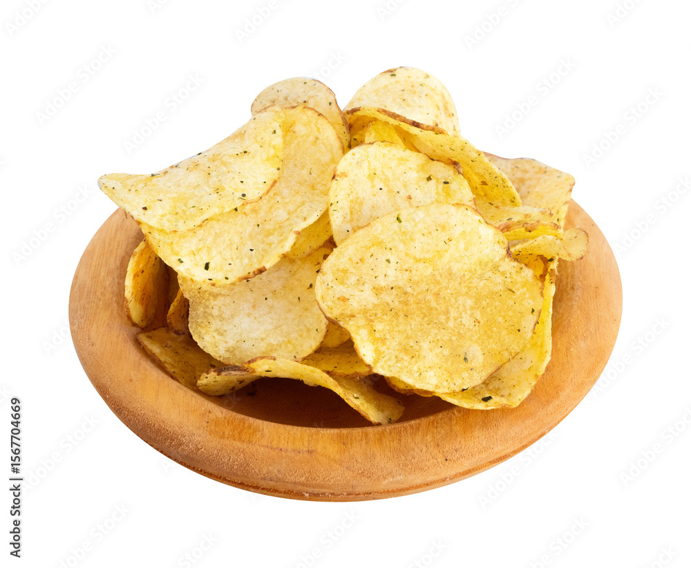 potato chips in a wooden bowl isolated on white potato chips in a wooden bowl isolated on white