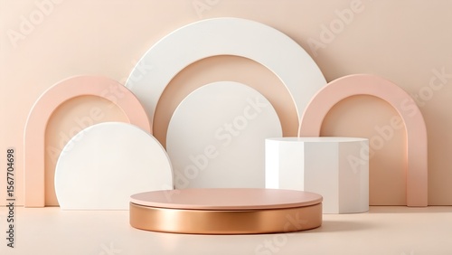 Abstract Pastel Product Display: Minimalist Rose Gold, White, and Blush Pink Geometric Platforms