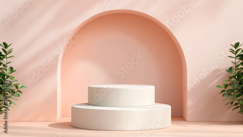 Minimalist Two-Tiered Display Platform with Blush Pink Background and Greenery.