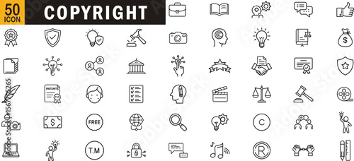 Copyright editable outline icon set. Intellectual property, trademark, patent, license and legal protection.
