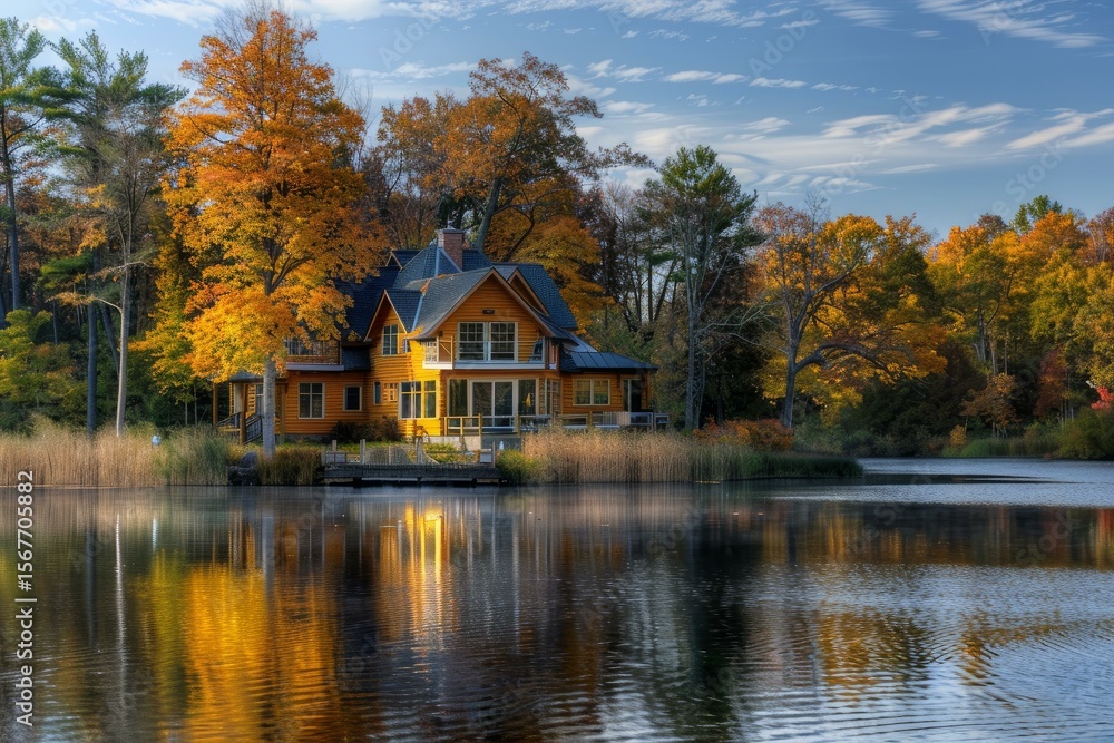 Beautiful lake house surrounded by colorful autumn trees reflecting in the calm water Beautiful lake house surrounded by colorful autumn trees reflecting in the calm water