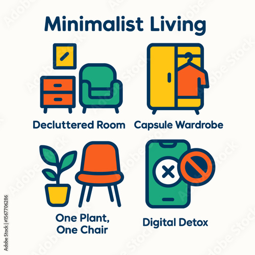 Four illustrations depicting minimalist living concepts: decluttered room, capsule wardrobe, simple furniture, and digital detox.