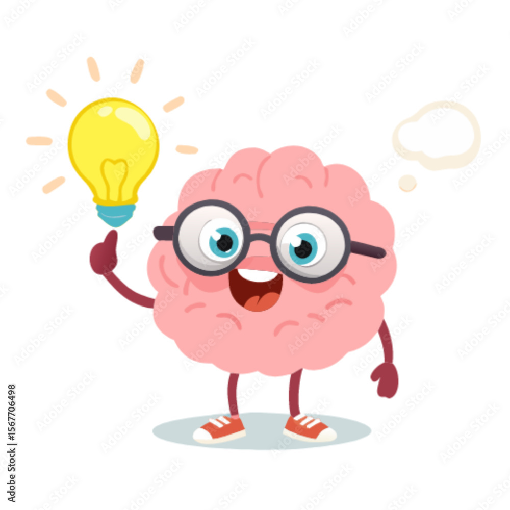 custom made wallpaper toronto digitalA cheerful cartoon brain character with eyeglasses holding glowing lightbulb and thought bubble - ideas, creativity, and intelligence concept 