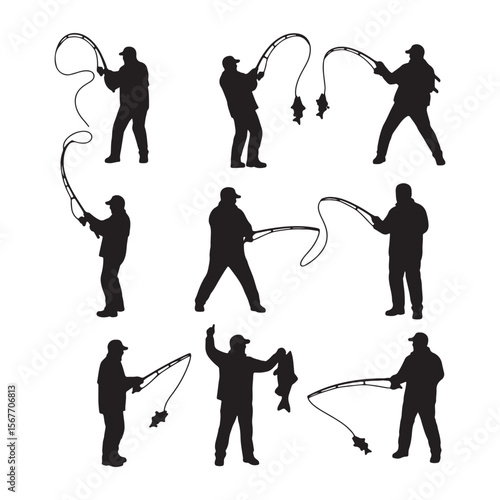 Fisherman silhouettes with rods and fish fishing reel