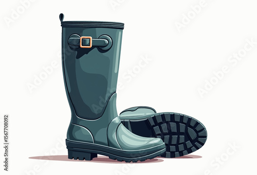 A pair of sturdy, dark green waterproof Wellington boots with a rugged tread sole, a practical and essential footwear illustration for rain, mud, or gardening.
