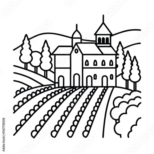 Vineyards Of Bordeaux With Rows Of Grapevines In Line Drawing Style For Wine Agriculture And Landscape